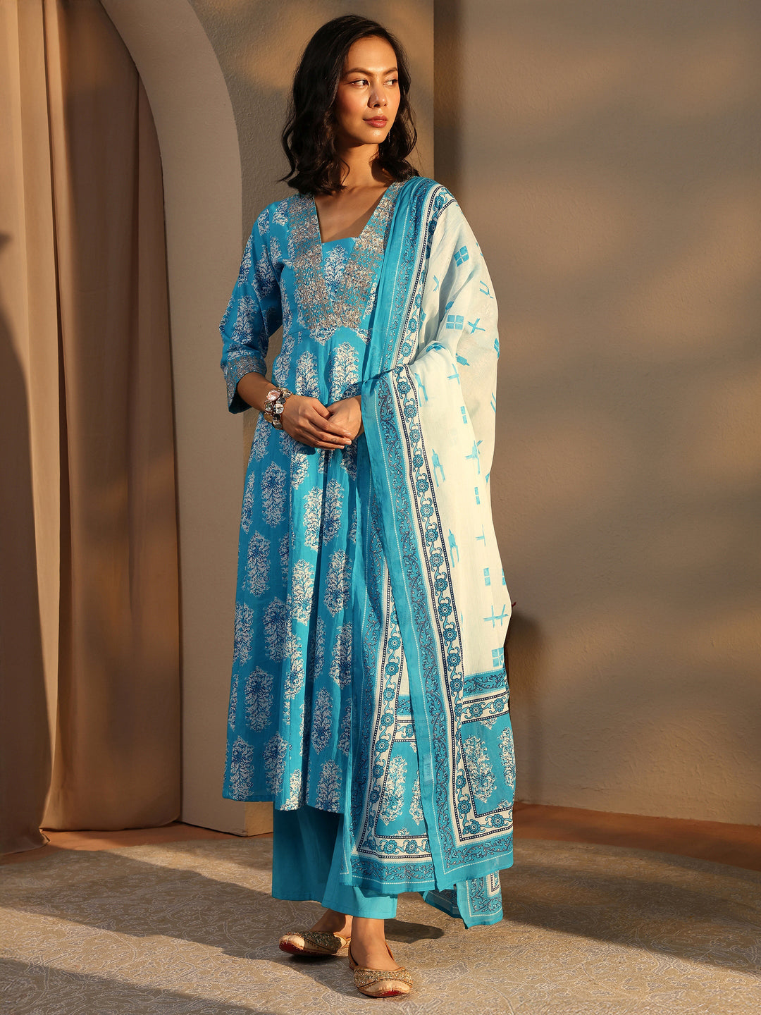 Blue Floral Printed Cotton Anarkali Suit Set With Dupatta