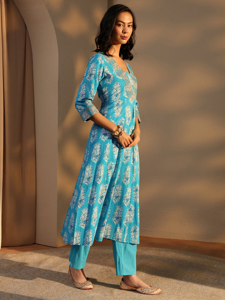 Blue Floral Printed Cotton Anarkali Suit Set With Dupatta