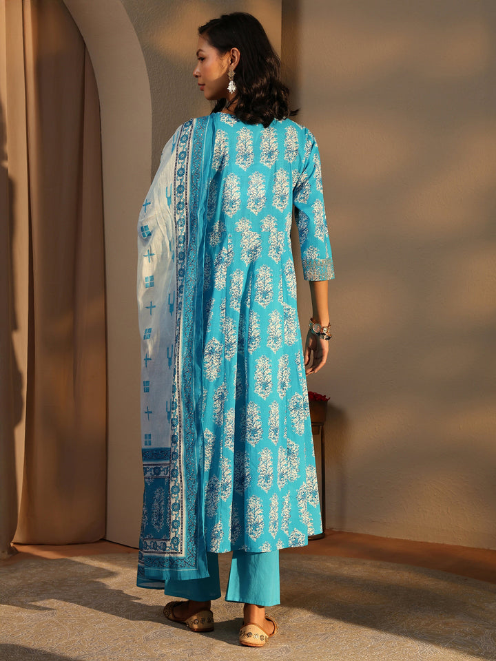 Blue Floral Printed Cotton Anarkali Suit Set With Dupatta