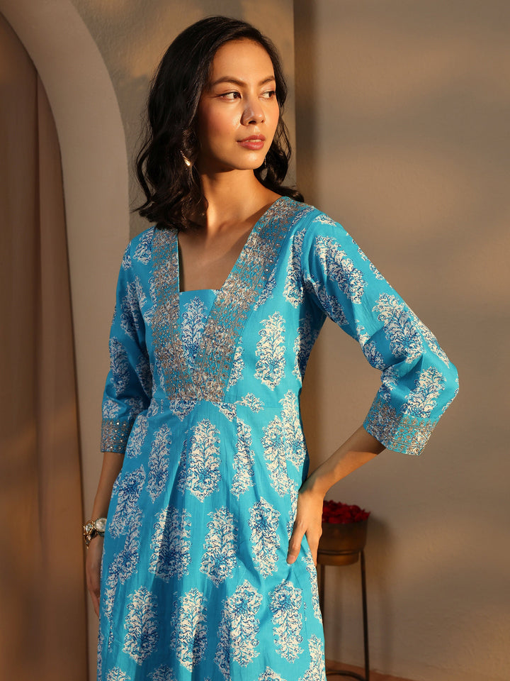 Blue Floral Printed Cotton Anarkali Suit Set With Dupatta