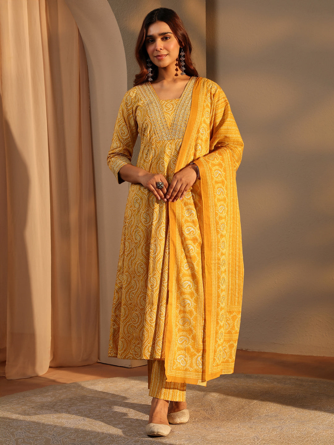 Mustard Paisley Printed Cotton A-Line Suit Set With Dupatta