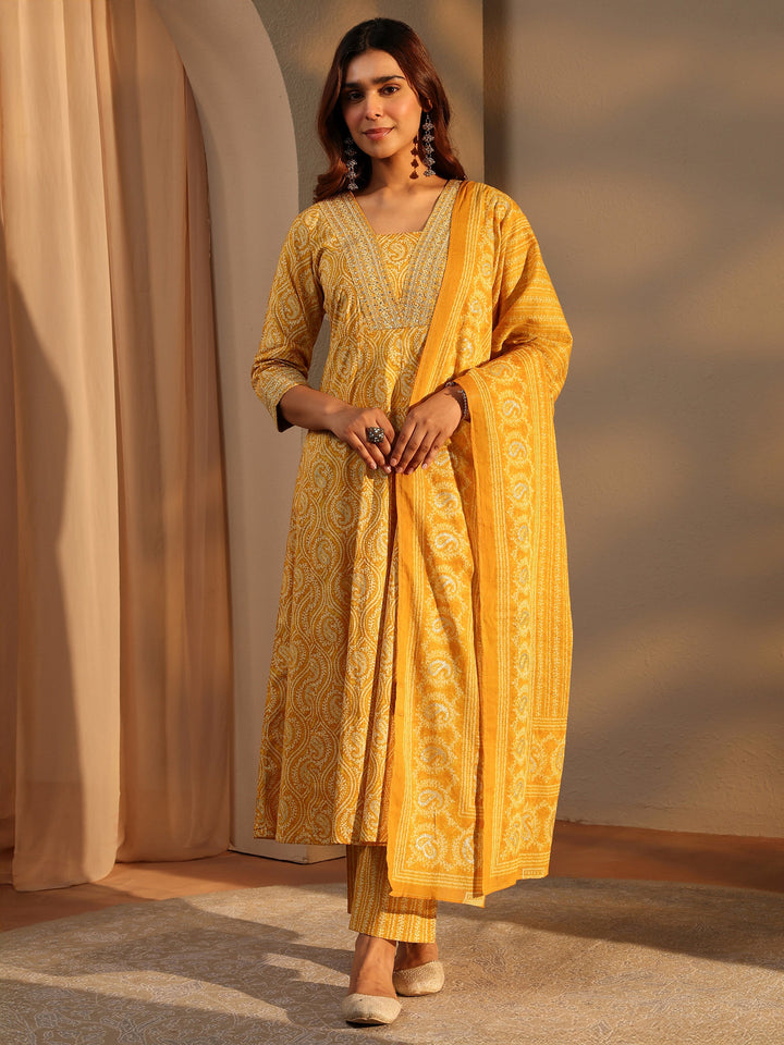 Mustard Paisley Printed Cotton A-Line Suit Set With Dupatta
