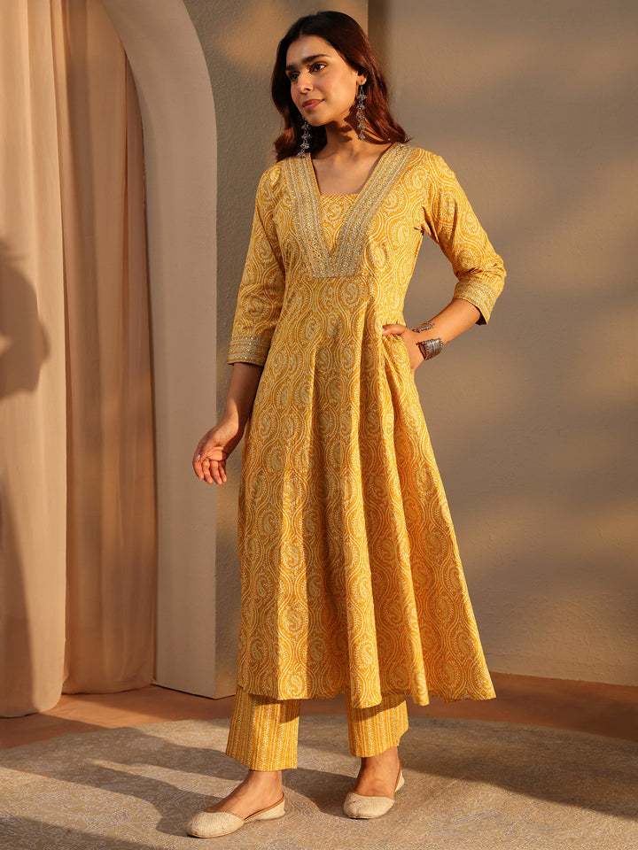 Mustard Paisley Printed Cotton A-Line Suit Set With Dupatta