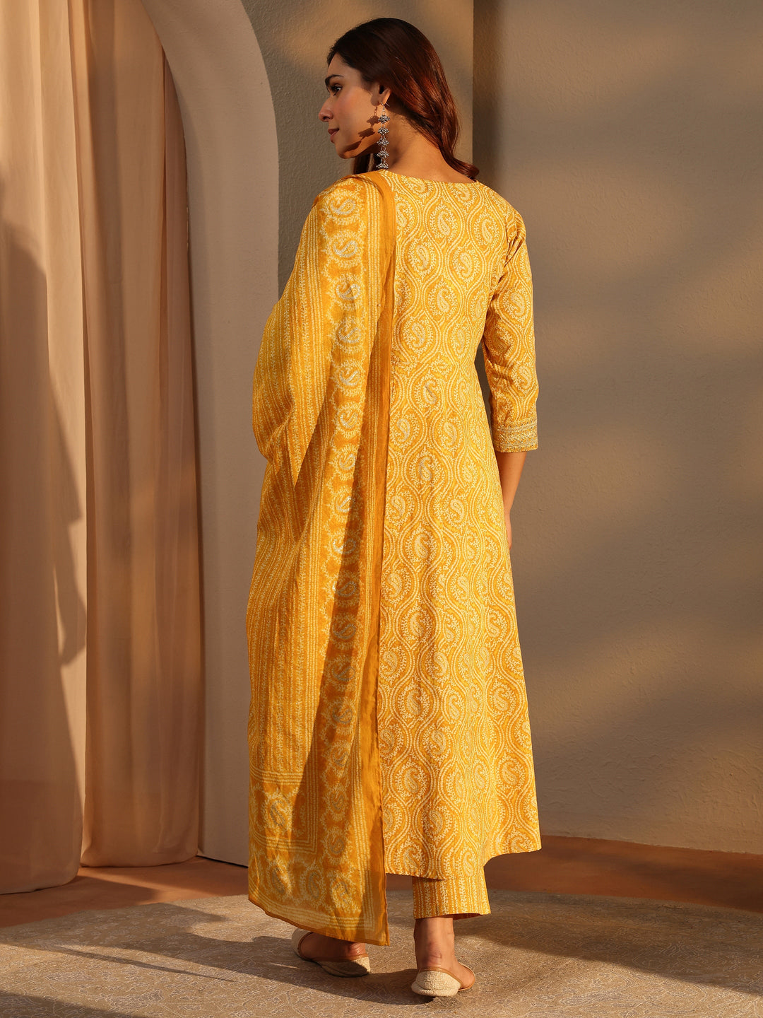 Mustard Paisley Printed Cotton A-Line Suit Set With Dupatta