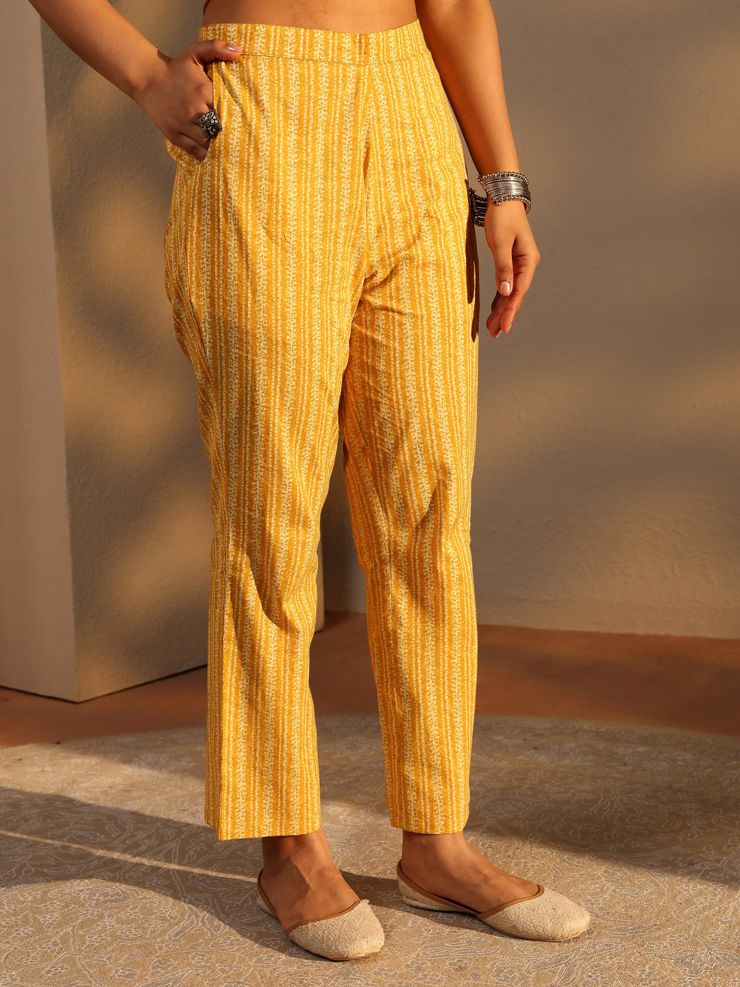 Mustard Paisley Printed Cotton A-Line Suit Set With Dupatta