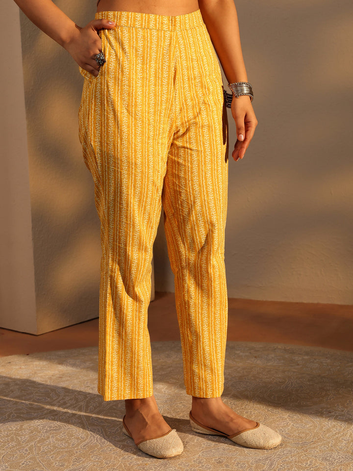 Mustard Paisley Printed Cotton A-Line Suit Set With Dupatta