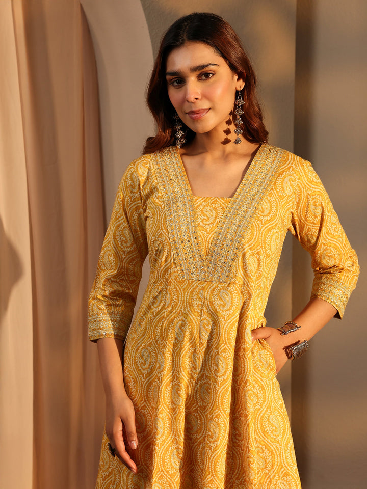 Mustard Paisley Printed Cotton A-Line Suit Set With Dupatta