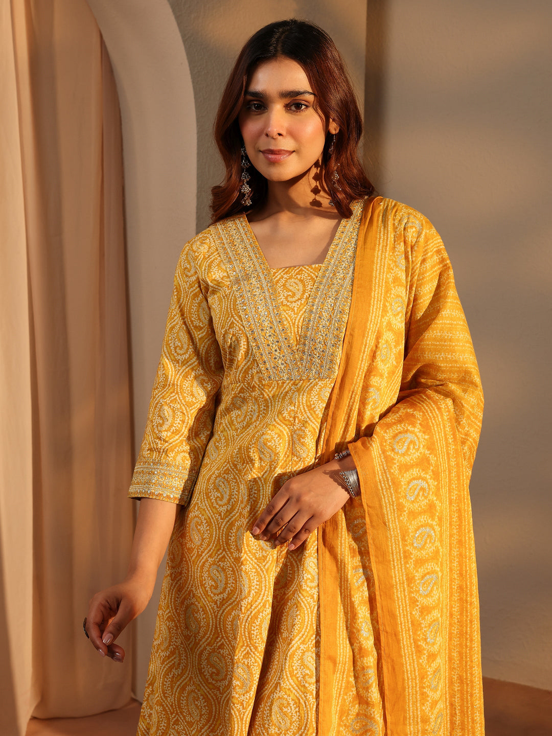 Mustard Paisley Printed Cotton A-Line Suit Set With Dupatta