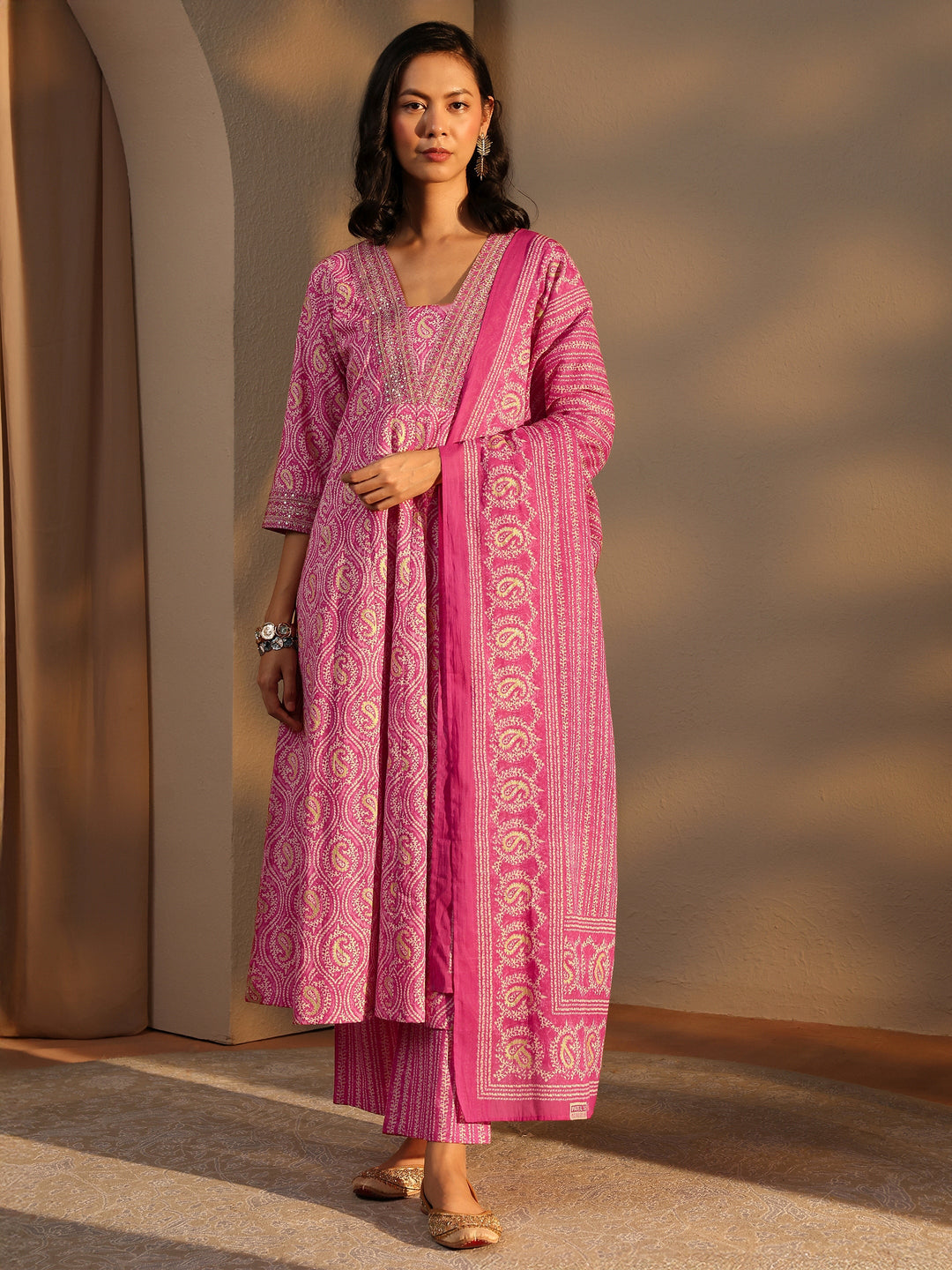 Pink Paisley Printed Cotton A-Line Suit Set With Dupatta