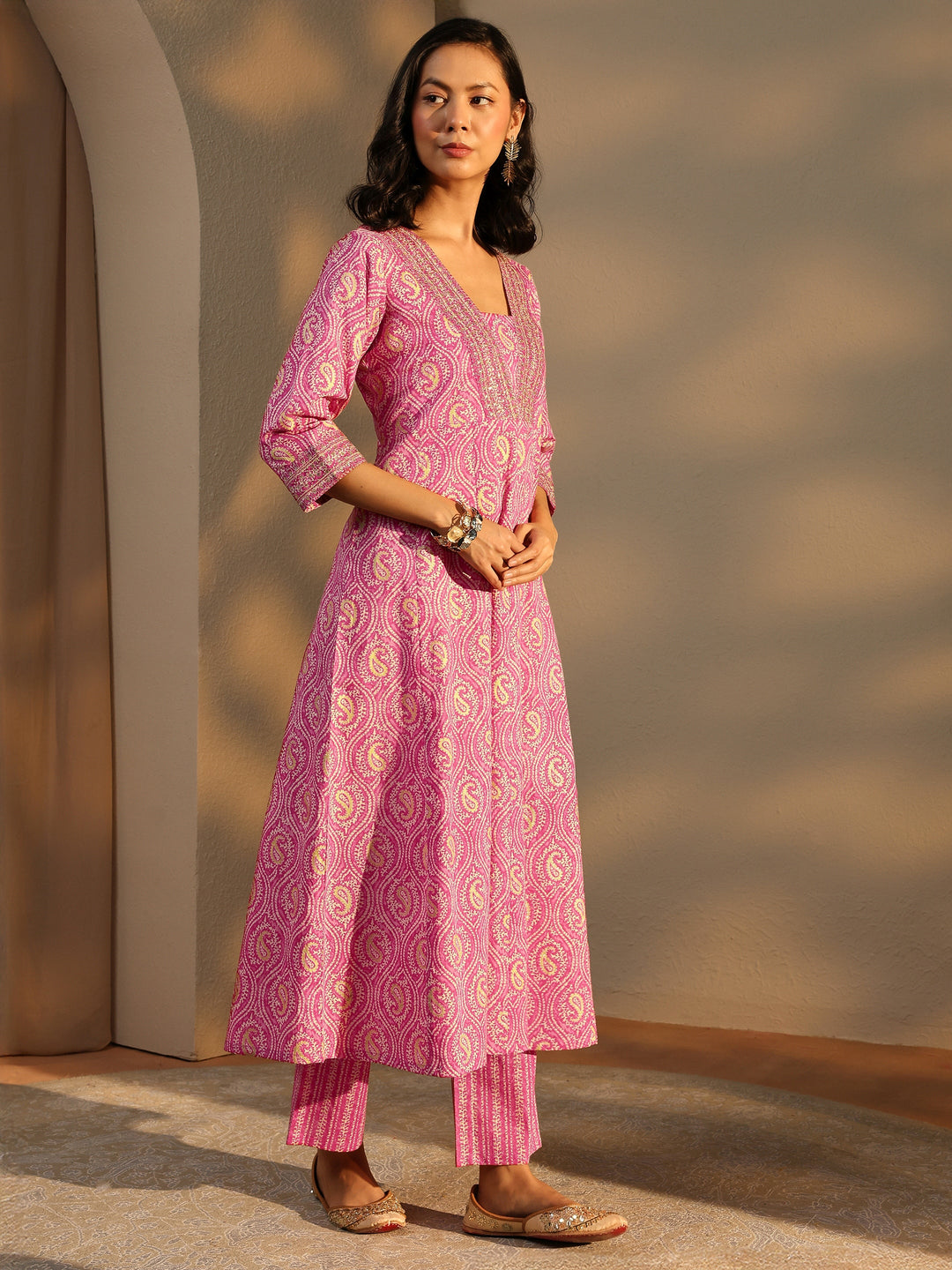 Pink Paisley Printed Cotton A-Line Suit Set With Dupatta