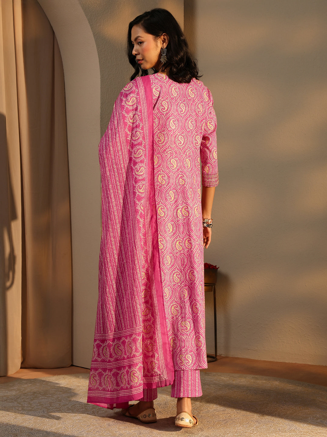 Pink Paisley Printed Cotton A-Line Suit Set With Dupatta