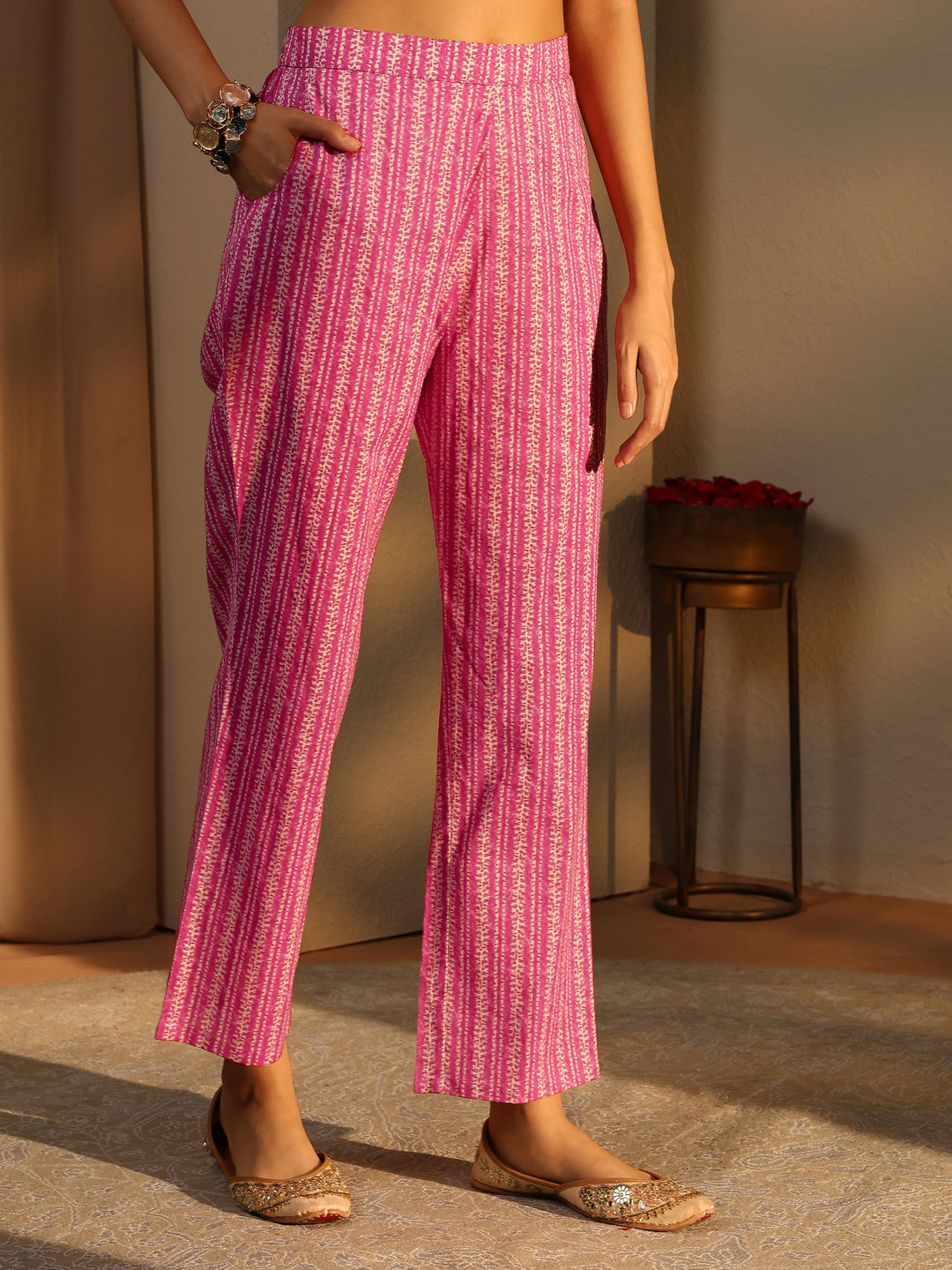 Pink Paisley Printed Cotton A-Line Suit Set With Dupatta