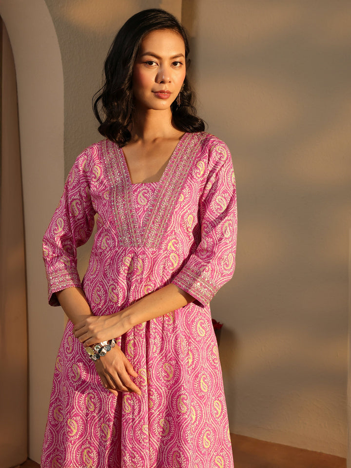 Pink Paisley Printed Cotton A-Line Suit Set With Dupatta
