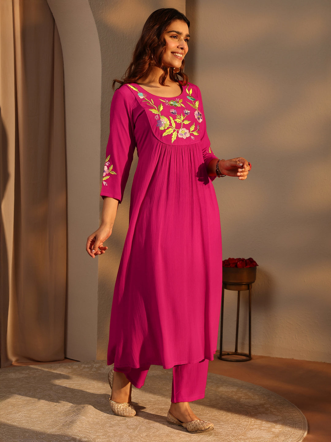 Pink Embroidered Silk Blend A-Line Suit Set With Dupatta