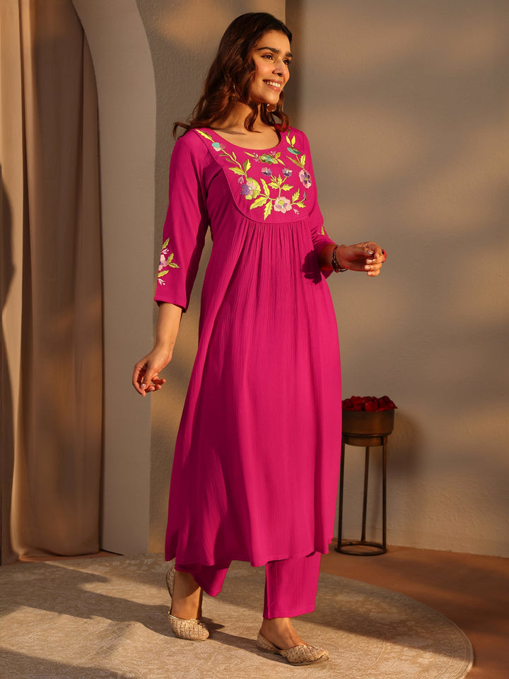 Pink Embroidered Silk Blend A-Line Suit Set With Dupatta