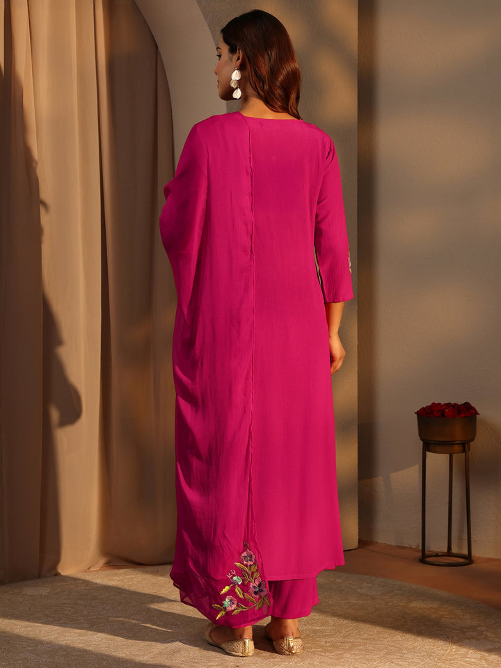 Pink Embroidered Silk Blend A-Line Suit Set With Dupatta