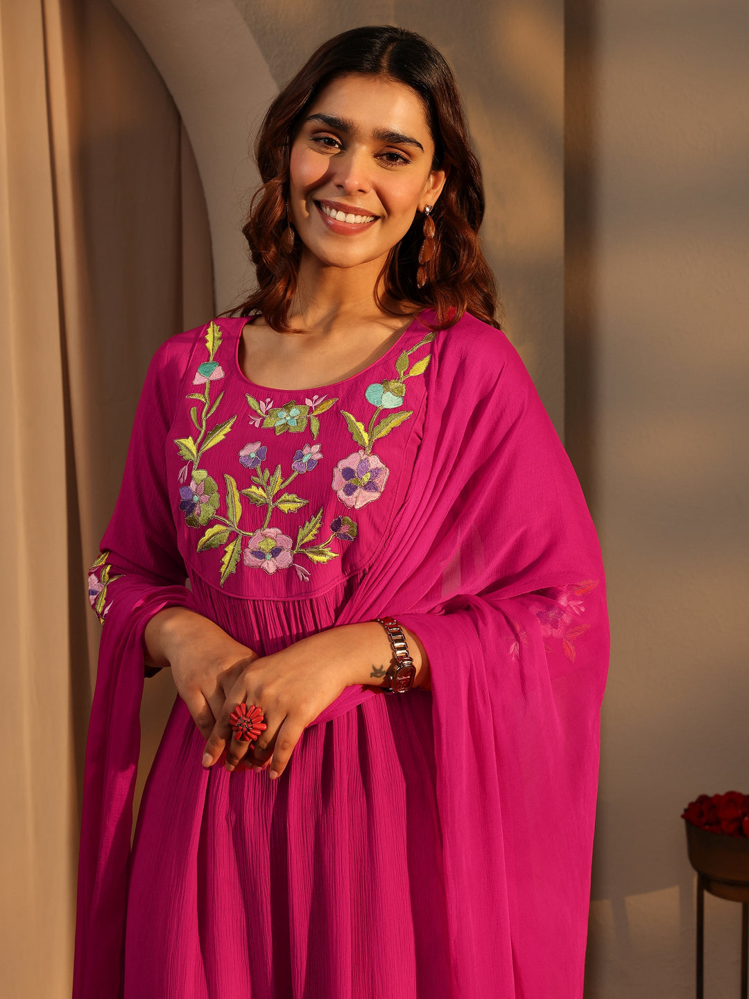 Pink Embroidered Silk Blend A-Line Suit Set With Dupatta