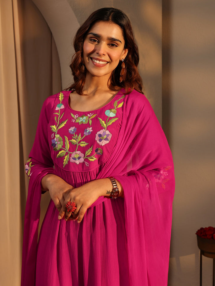 Pink Embroidered Silk Blend A-Line Suit Set With Dupatta