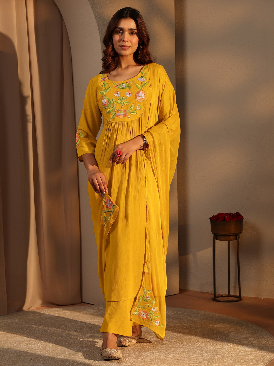 Mustard Embroidered Silk Blend A-Line Suit Set With Dupatta