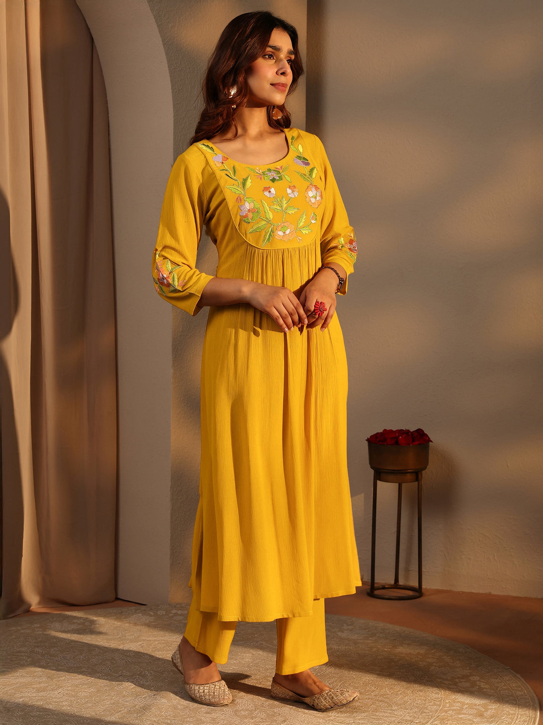 Mustard Embroidered Silk Blend A-Line Suit Set With Dupatta