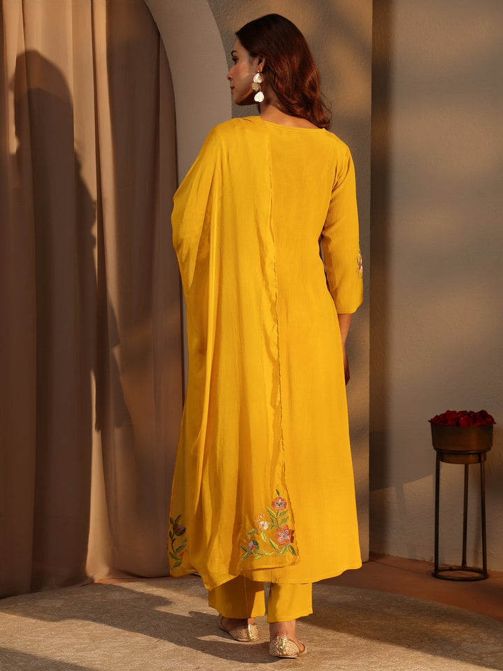 Mustard Embroidered Silk Blend A-Line Suit Set With Dupatta