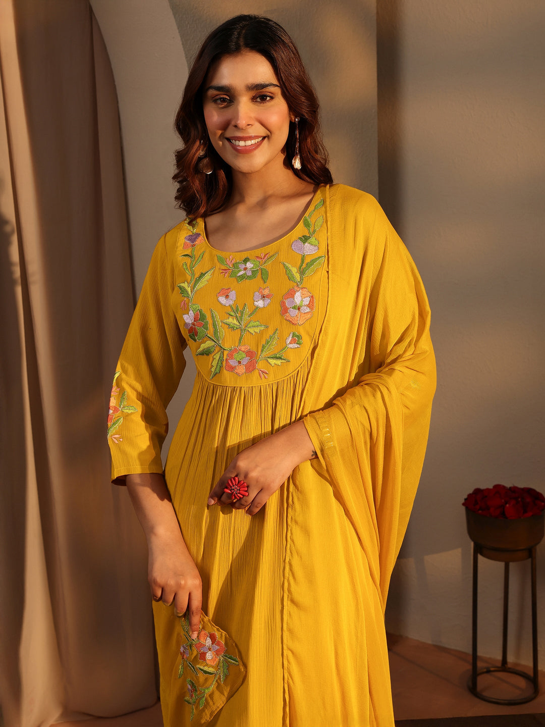 Mustard Embroidered Silk Blend A-Line Suit Set With Dupatta