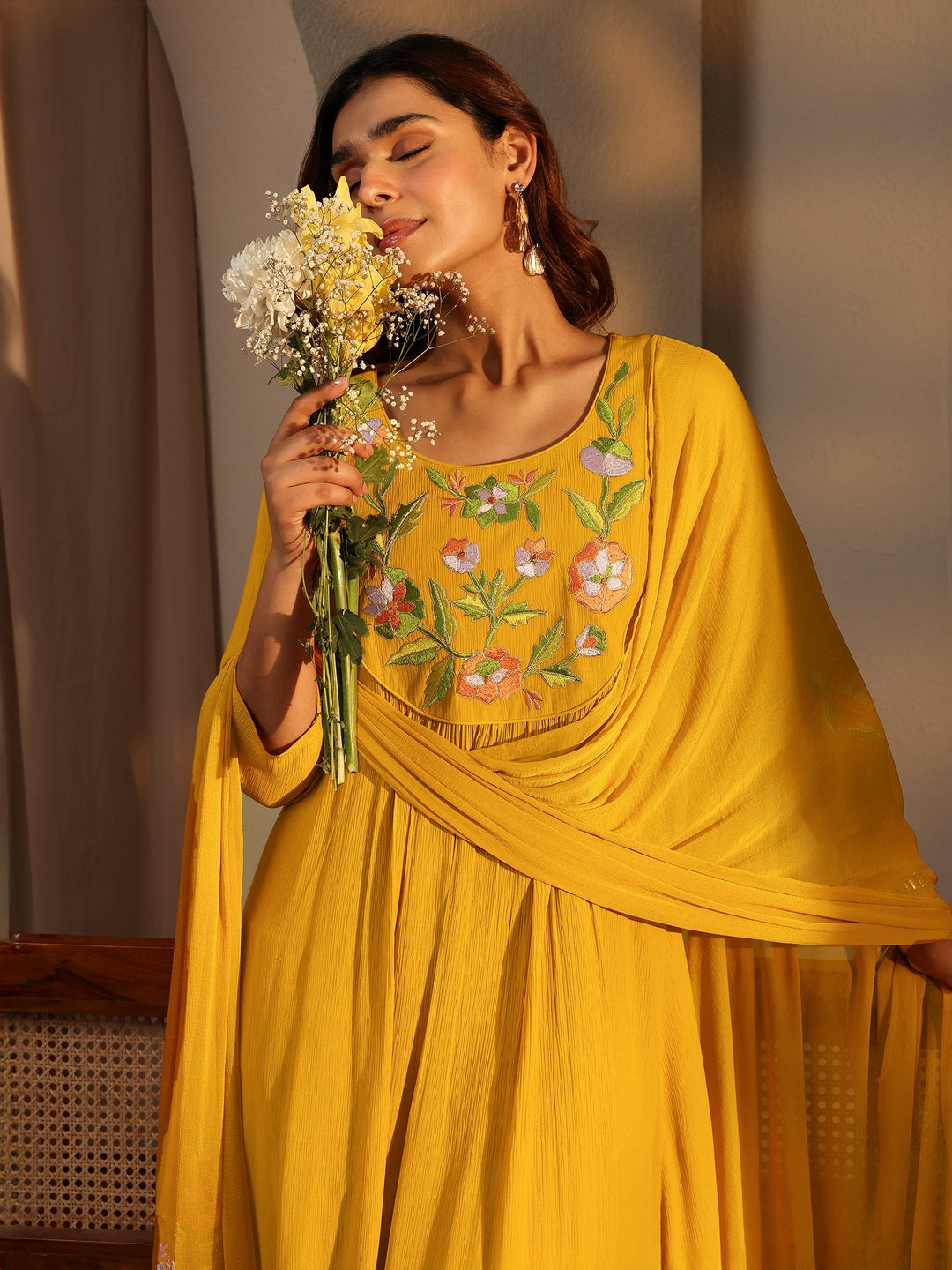 Mustard Embroidered Silk Blend A-Line Suit Set With Dupatta