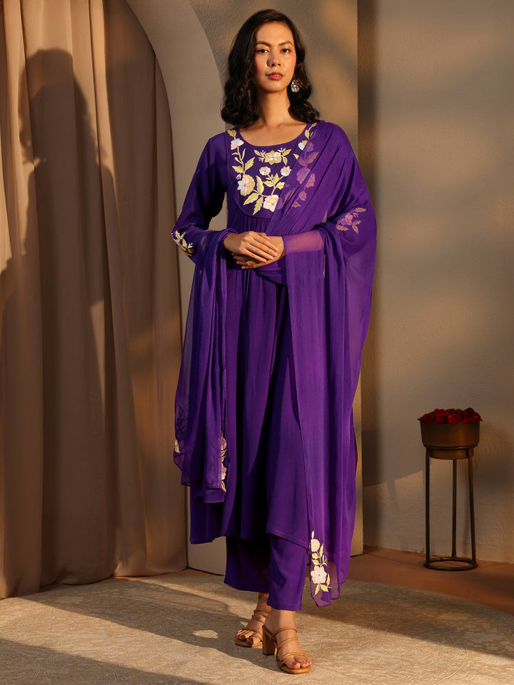 Purple Embroidered Silk Blend A-Line Suit Set With Dupatta