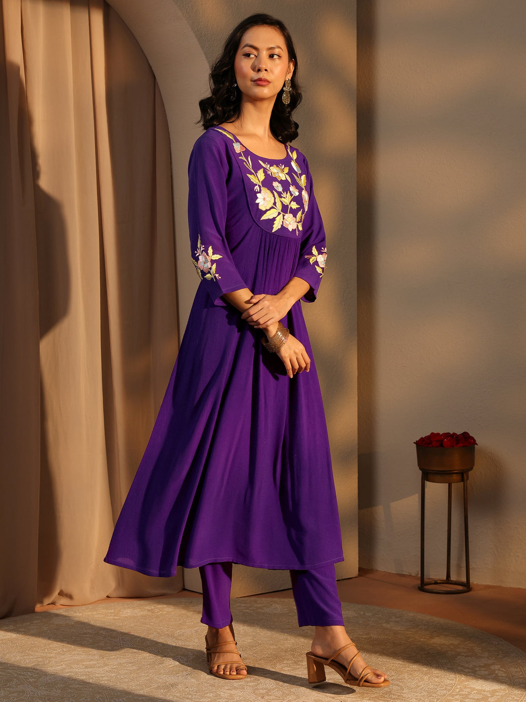 Purple Embroidered Silk Blend A-Line Suit Set With Dupatta