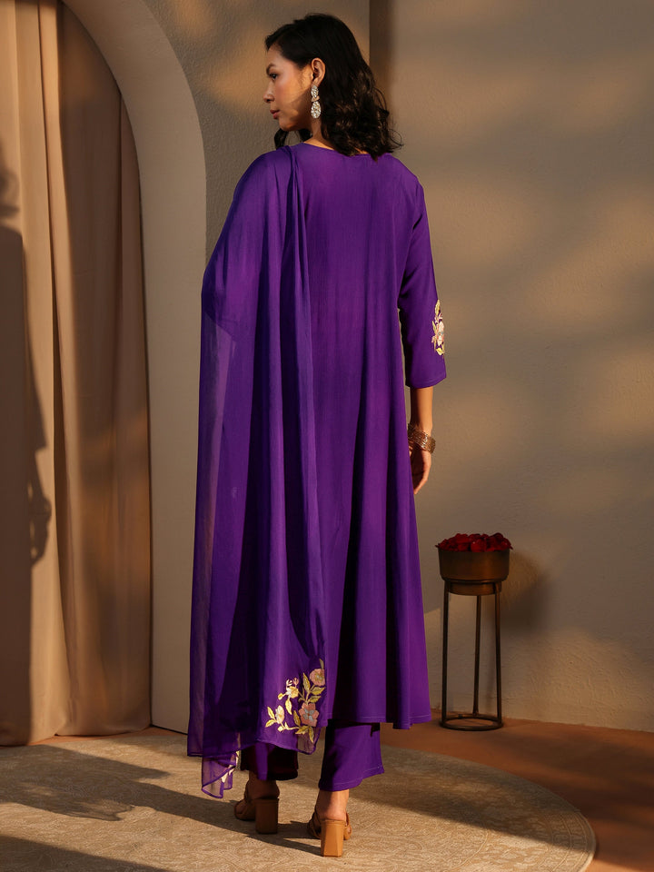 Purple Embroidered Silk Blend A-Line Suit Set With Dupatta