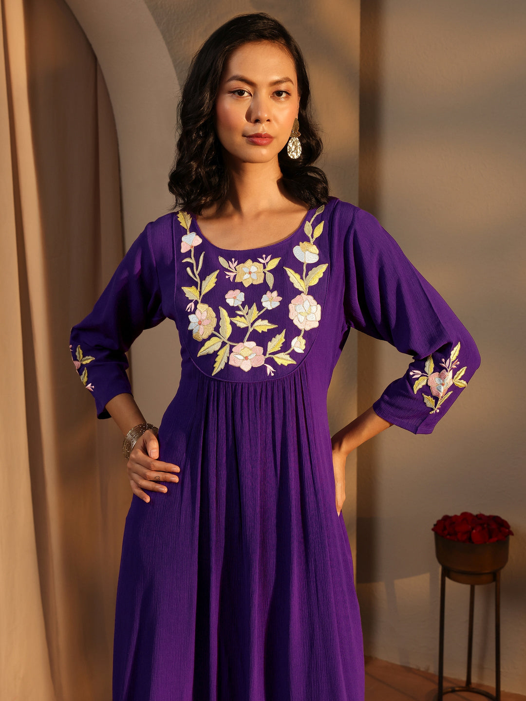 Purple Embroidered Silk Blend A-Line Suit Set With Dupatta