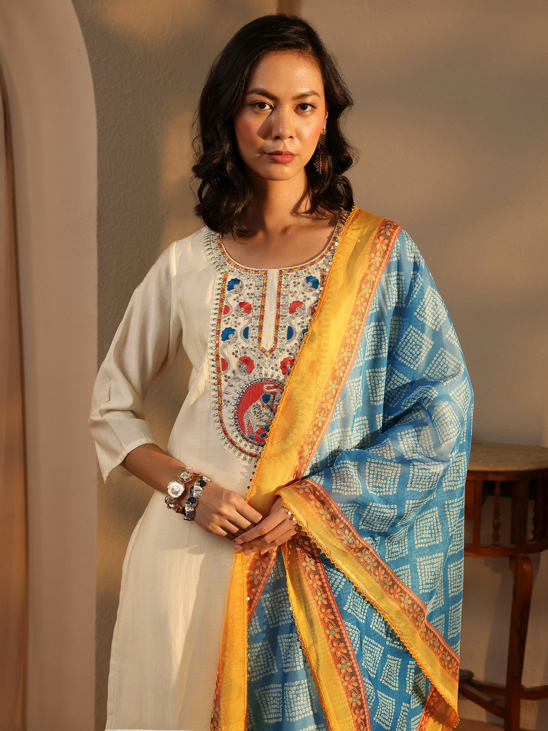 Off White Embroidered Chanderi Silk Straight Suit Set With Dupatta