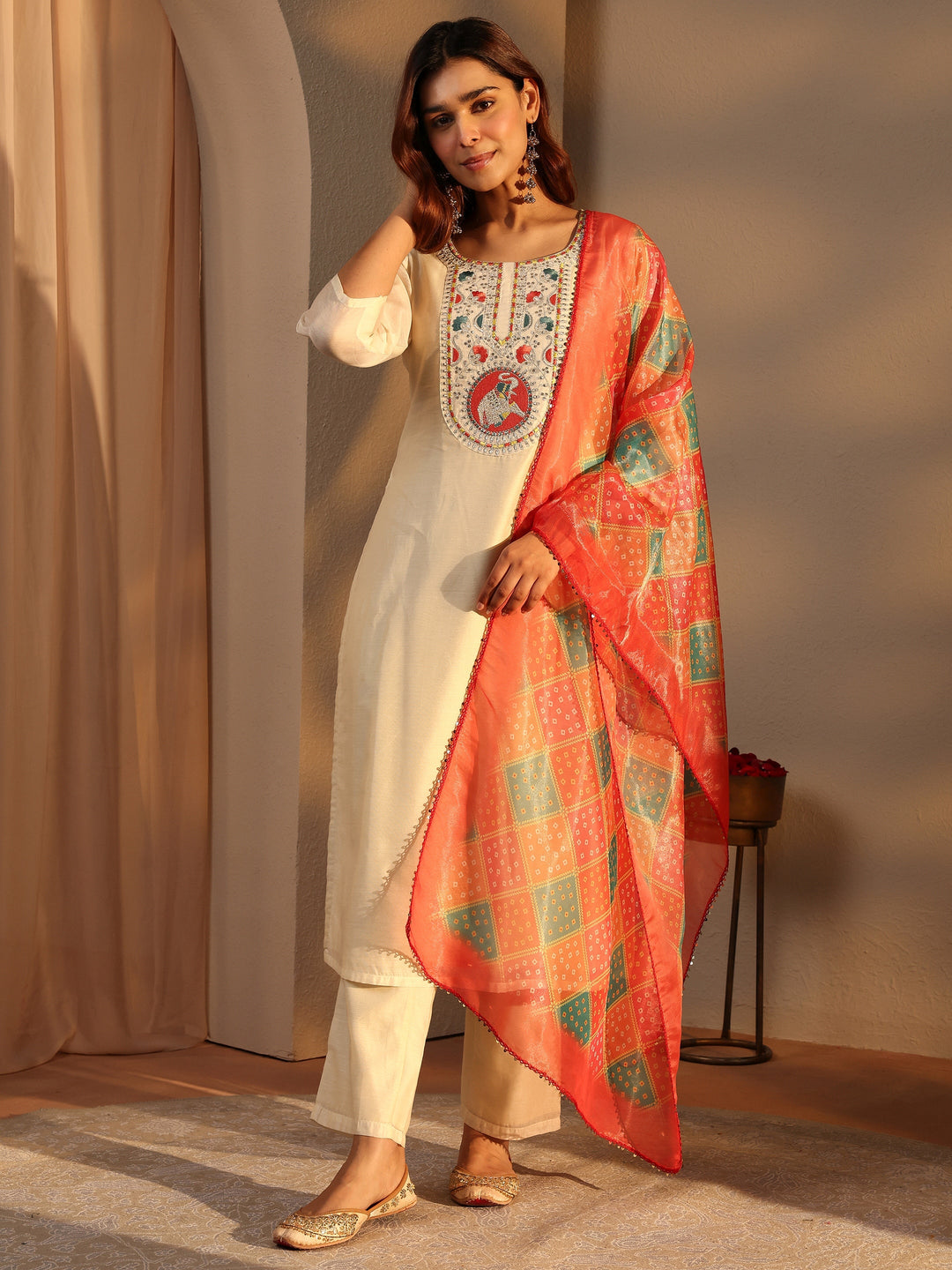 Off White Embroidered Chanderi Silk Straight Suit Set With Dupatta