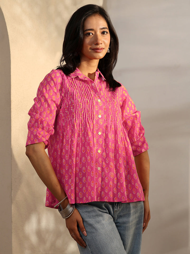 Libas Pink Foliage Printed Cotton A-Line Short Kurti