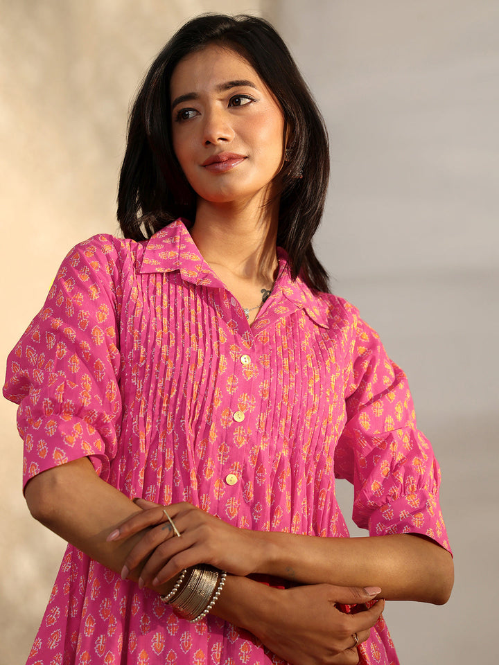 Libas Pink Foliage Printed Cotton A-Line Short Kurti