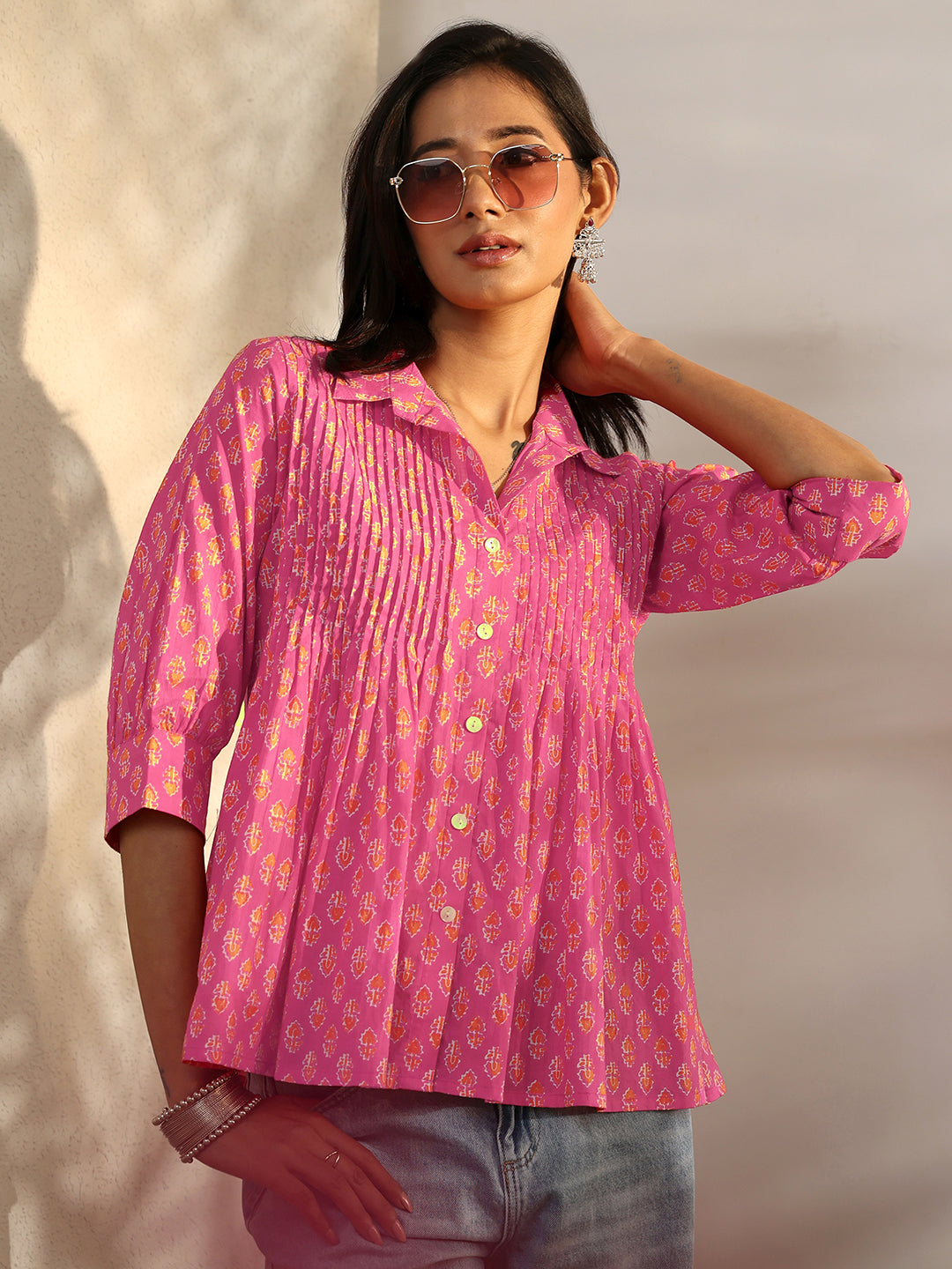 Libas Pink Foliage Printed Cotton A-Line Short Kurti