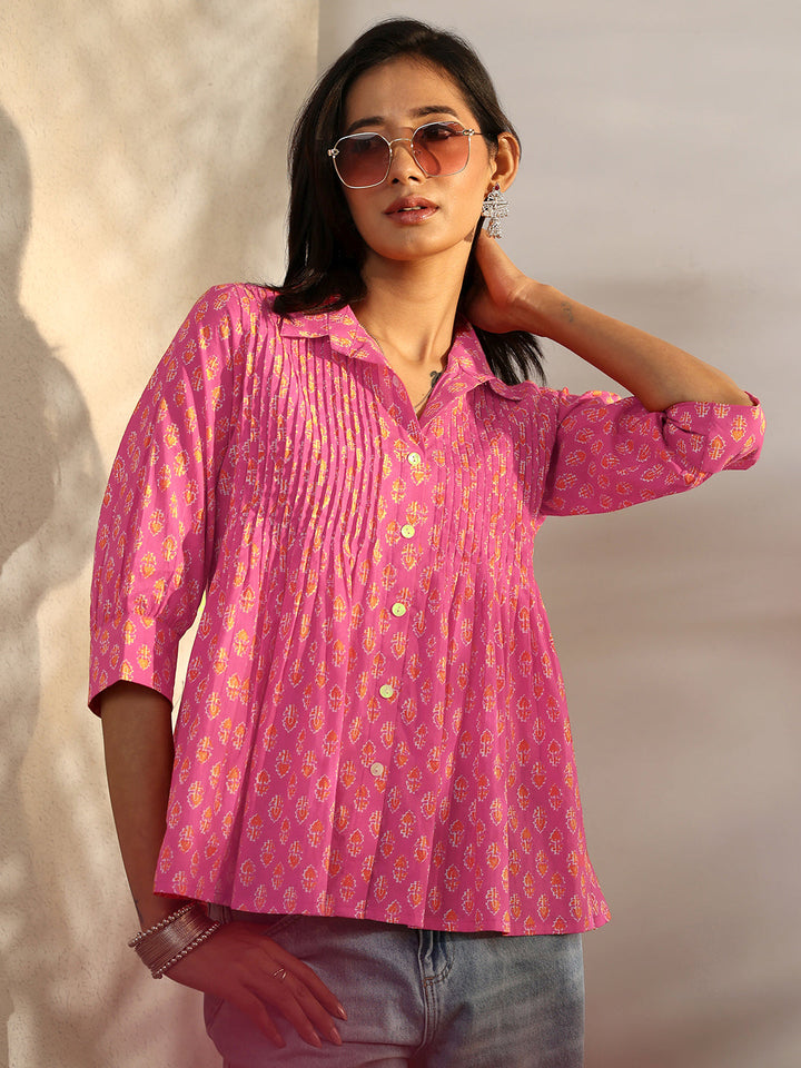 Libas Pink Foliage Printed Cotton A-Line Short Kurti