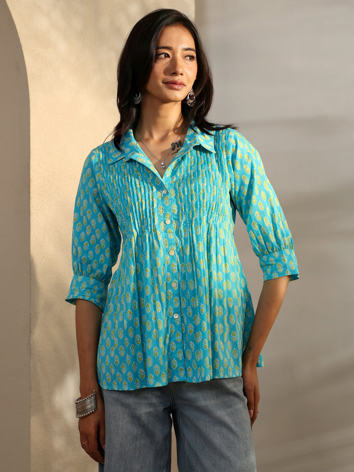 Libas Blue Foliage Printed Cotton A-Line Short Kurti