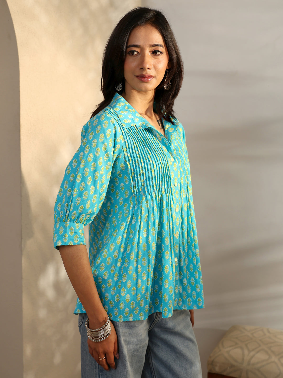 Libas Blue Foliage Printed Cotton A-Line Short Kurti