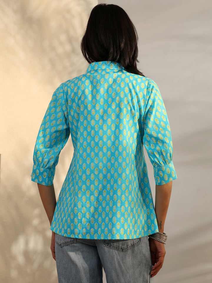 Libas Blue Foliage Printed Cotton A-Line Short Kurti