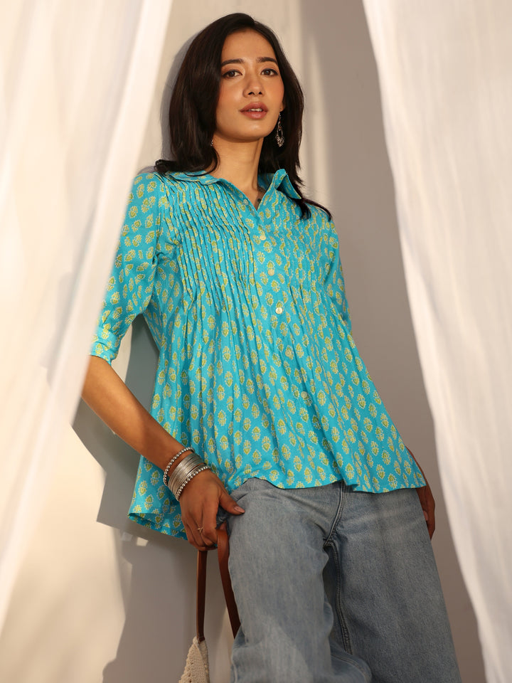 Libas Blue Foliage Printed Cotton A-Line Short Kurti