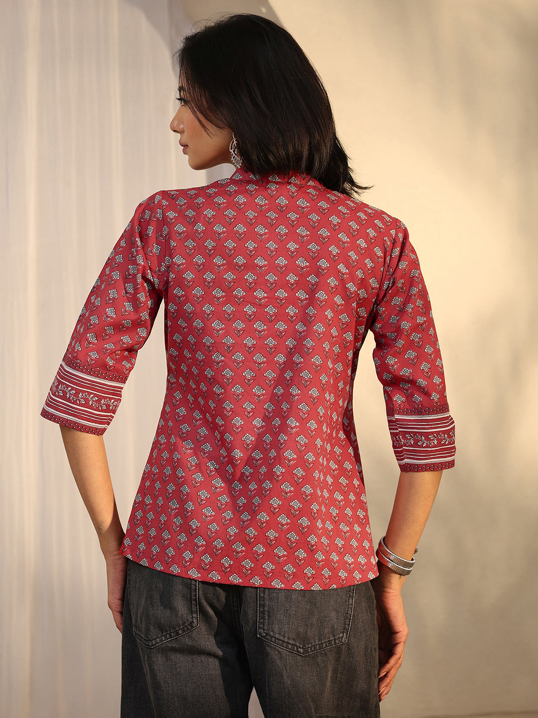 Maroon Printed Cotton A-Line Short Kurti
