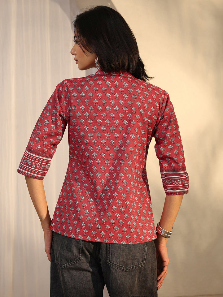 Maroon Printed Cotton A-Line Short Kurti