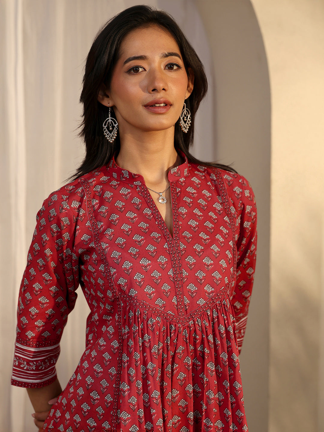 Maroon Printed Cotton A-Line Short Kurti