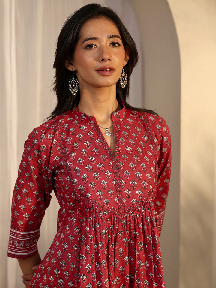 Maroon Printed Cotton A-Line Short Kurti