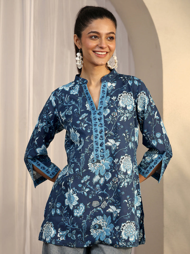 Blue Printed Cotton Straight Short Kurti