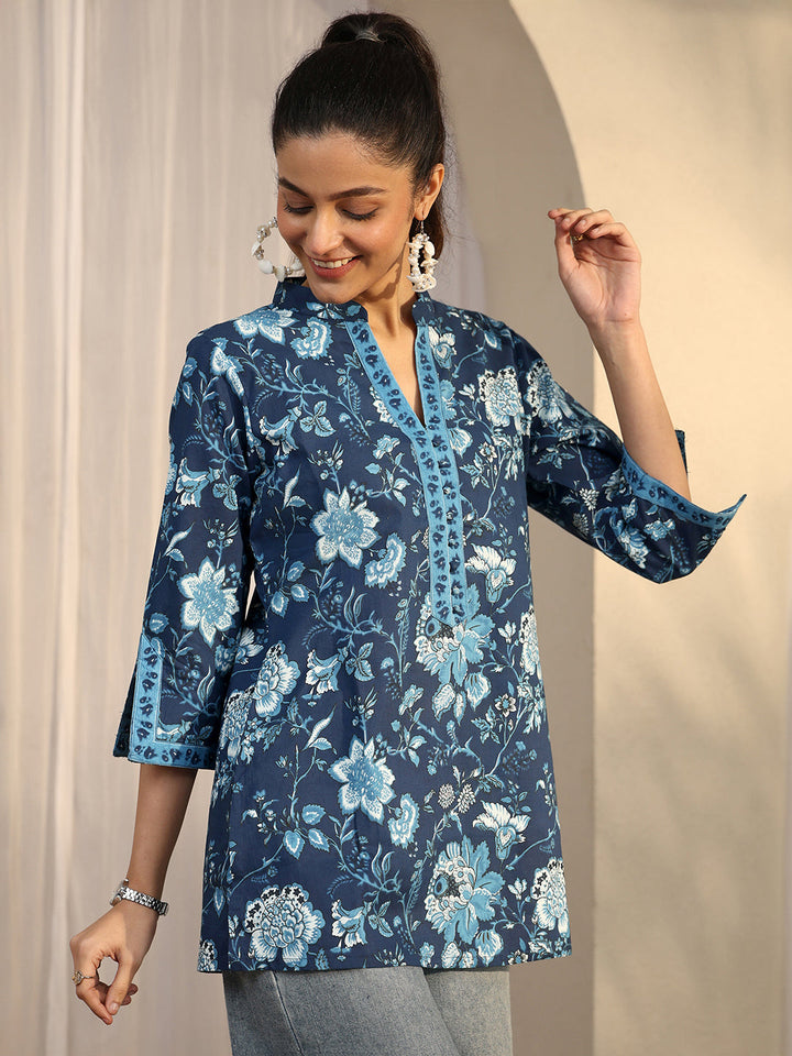 Blue Printed Cotton Straight Short Kurti
