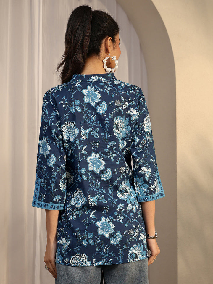 Blue Printed Cotton Straight Short Kurti