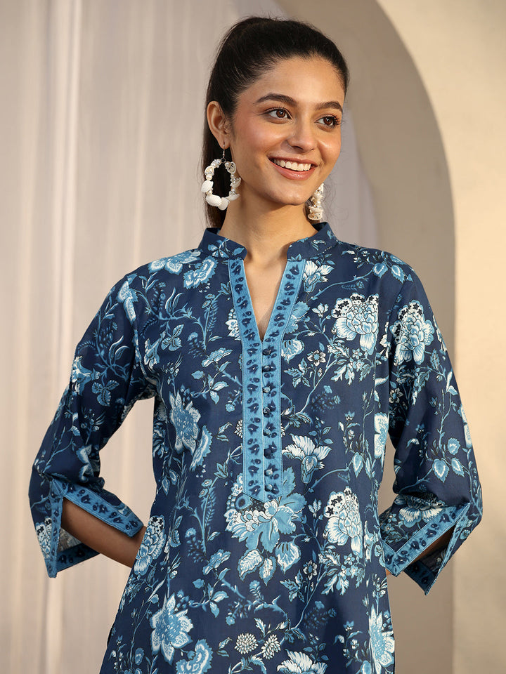 Blue Printed Cotton Straight Short Kurti