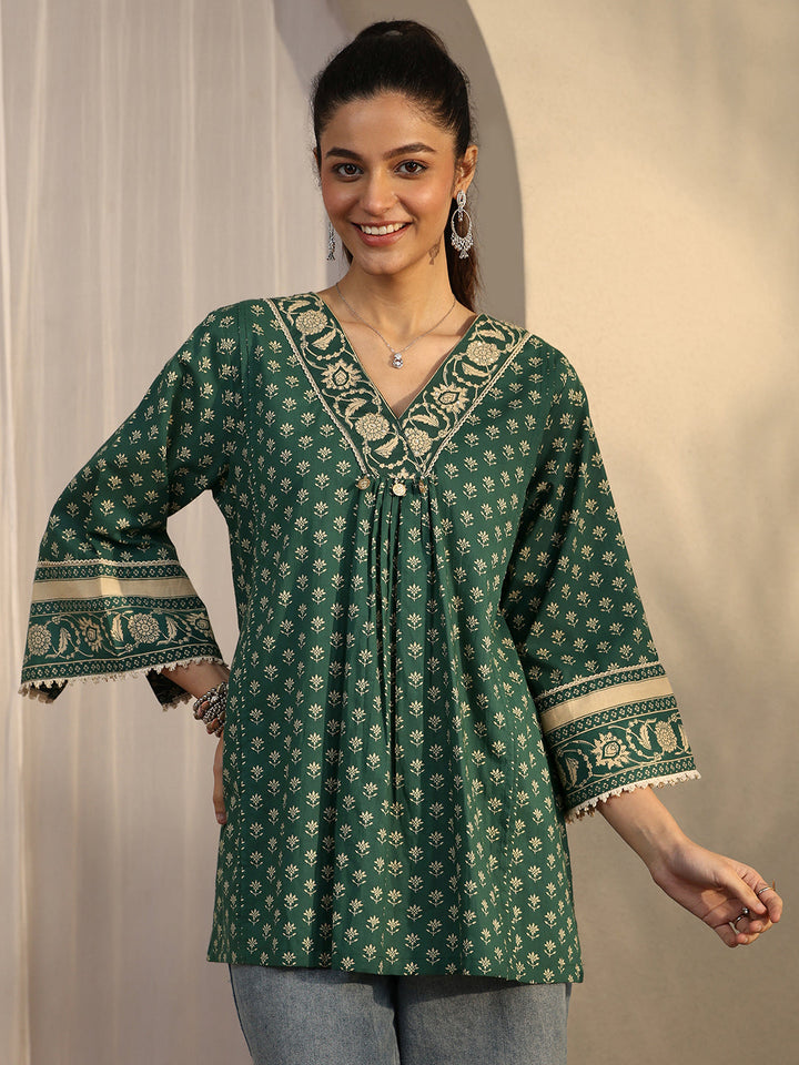 Green Printed Cotton A-Line Short Kurti
